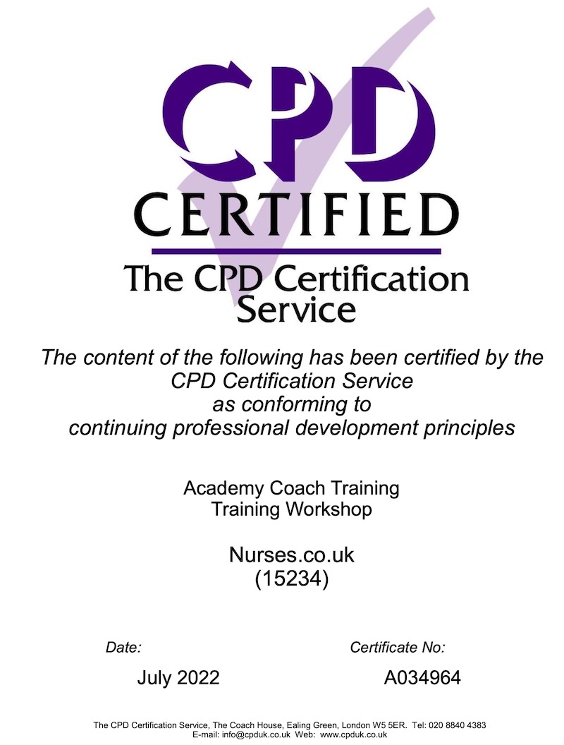 A copy of the CPD Certificate for the Academy Coach Training Workshop